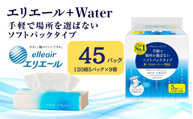 ティッシュ エリエール +Water プラスウォーター ソフトパック 120組 5パック 9個