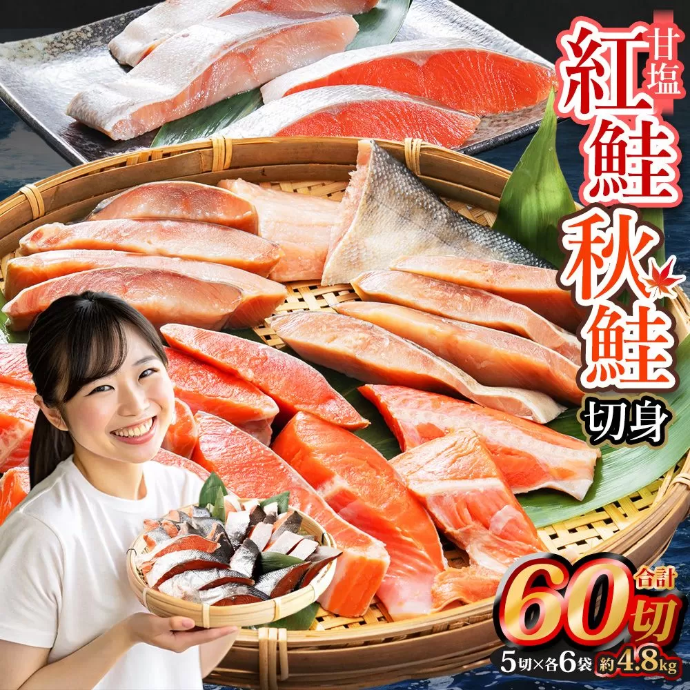 甘塩紅鮭切身・秋鮭切身 各5切(約400g)×6袋 合計60切(約4.8kg)