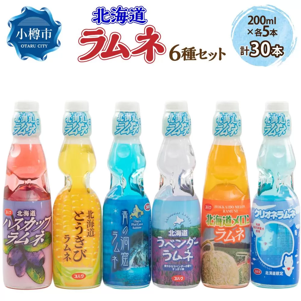 北海道 ラムネ 6種セット 各200ml×5本ずつ (北海道メロン、ハスカップ、ラベンダー、青の洞窟、クリオネ、とうきび)