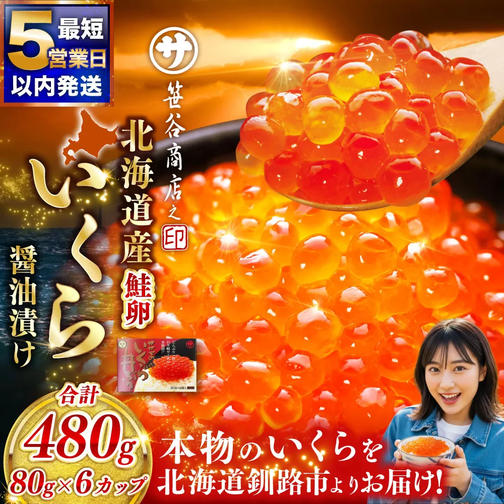 【5営業日以内発送】新物 北海道産 いくら 醤油漬け 80g×6カップ 計480g 北海道 笹谷商店 小分け ギフト 釧路 ふるさと納税 イクラ 魚卵 魚介類 海産物
