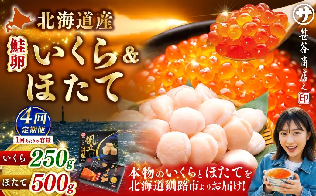 【4ヶ月定期便】 笹谷商店 新物 北海道産 いくら醤油漬け250g＆ほたて貝柱500g  お刺身 国産 イクラ イクラ醤油漬け 鮭いくら 鮭卵 ほたて貝柱 帆立 ホタテ ほたて 海鮮丼 詰め合わせ 海鮮 魚介 冷凍 グルメ 北海道 釧路市