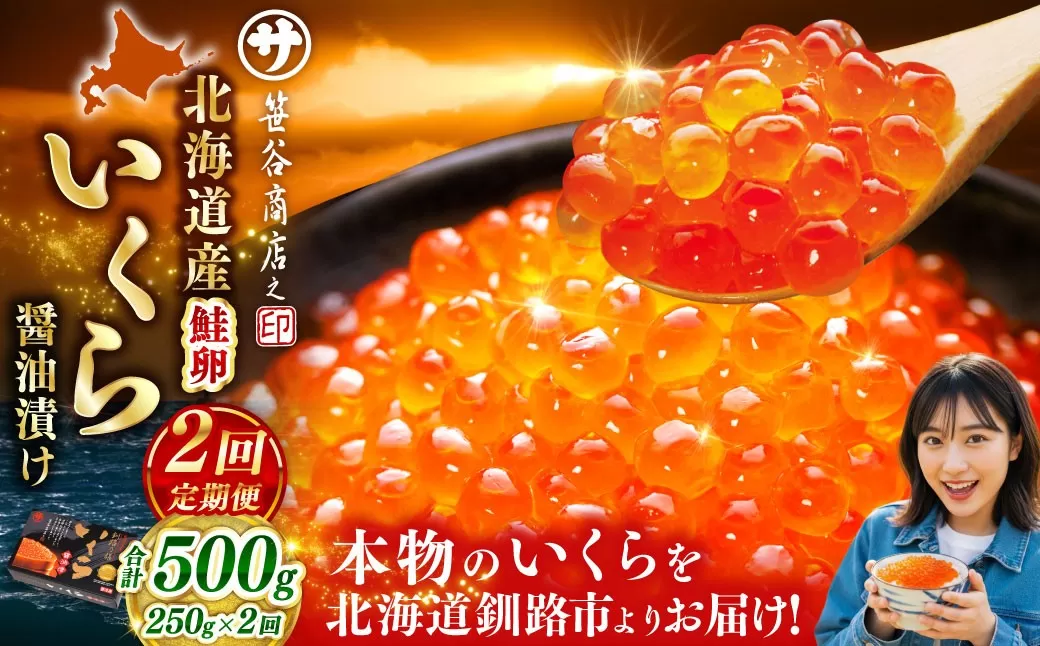 【2ヶ月定期便】  新物 北海道産いくらしょう油漬250g 笹谷商店 小分け パック 醤油漬け 海鮮 海鮮丼 イクラ丼 醤油たれ 冷凍 魚卵 魚介類 グルメ 北海道 釧路市