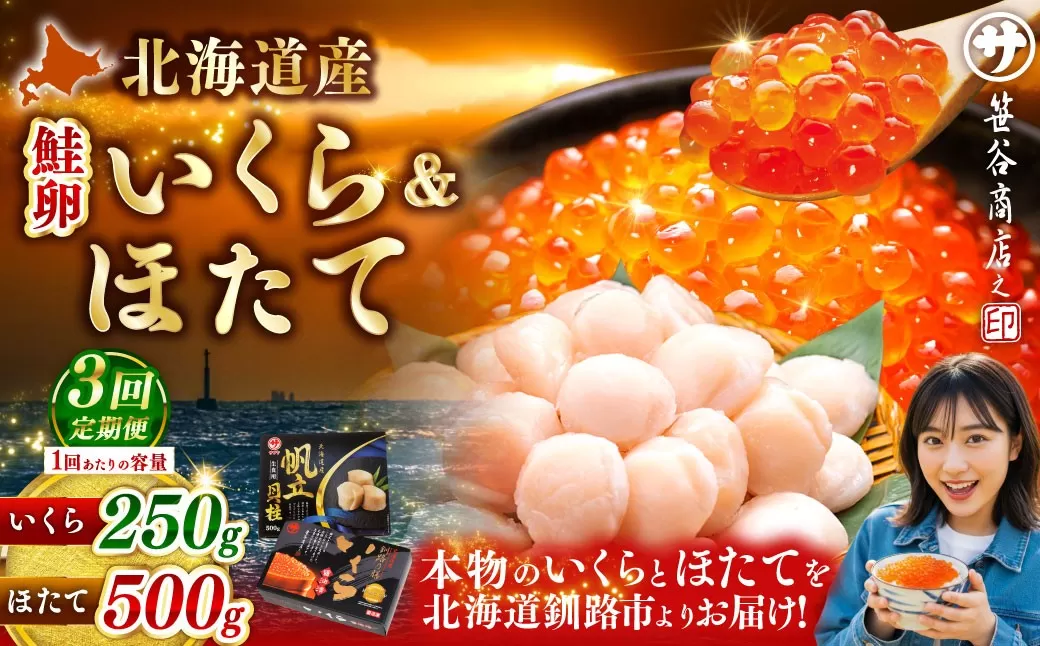 【3ヶ月定期便】 笹谷商店 新物 北海道産 いくら醤油漬け250g＆ほたて貝柱500g  お刺身 国産 イクラ イクラ醤油漬け 鮭いくら 鮭卵 ほたて貝柱 帆立 ホタテ ほたて 海鮮丼 詰め合わせ 海鮮 魚介 冷凍 グルメ 北海道 釧路市