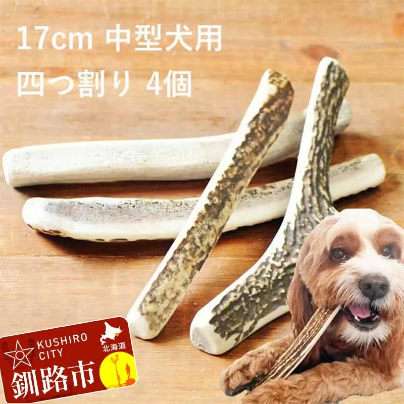 エゾ鹿の角ガム 17cm 中型犬用 四つ割り 4個 北海道産 国産 無添加 犬用ガム 天然鹿角 長持ち デンタルケア ペット おやつ F5F-0071