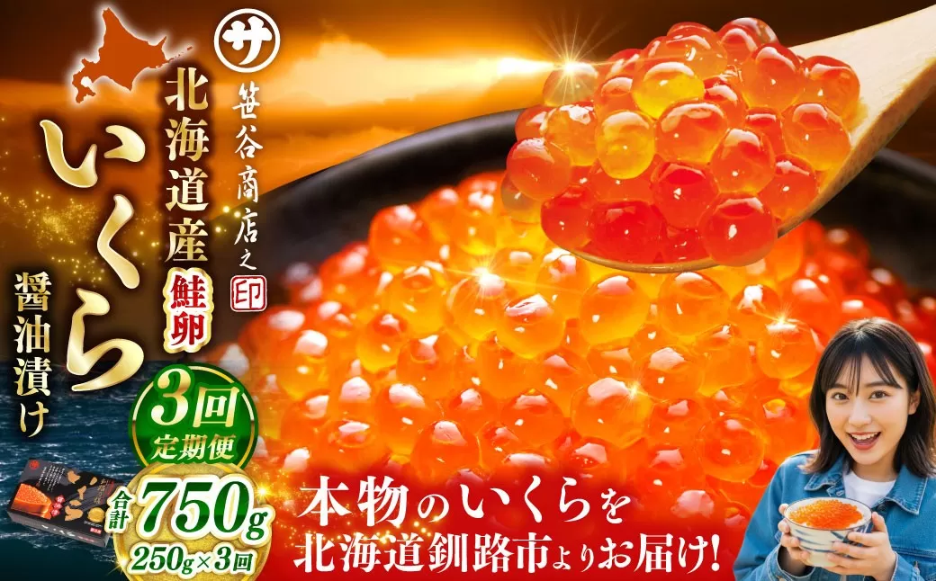 【3ヶ月定期便】  新物 北海道産いくらしょう油漬250g 笹谷商店 小分け パック 醤油漬け 海鮮 海鮮丼 イクラ丼 醤油たれ 冷凍 魚卵 魚介類 グルメ 北海道 釧路市