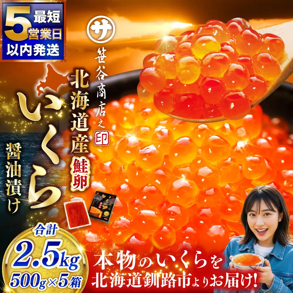 【5営業日以内発送】 笹谷商店 北海道産 いくら イクラ (鮭) 500g×5箱 2.5kg 2,500g 魚 醤油漬け 海鮮醤油漬け 海鮮 海鮮丼 ギフト 冷凍 魚卵 魚介類 しょう油漬 ご飯のお供