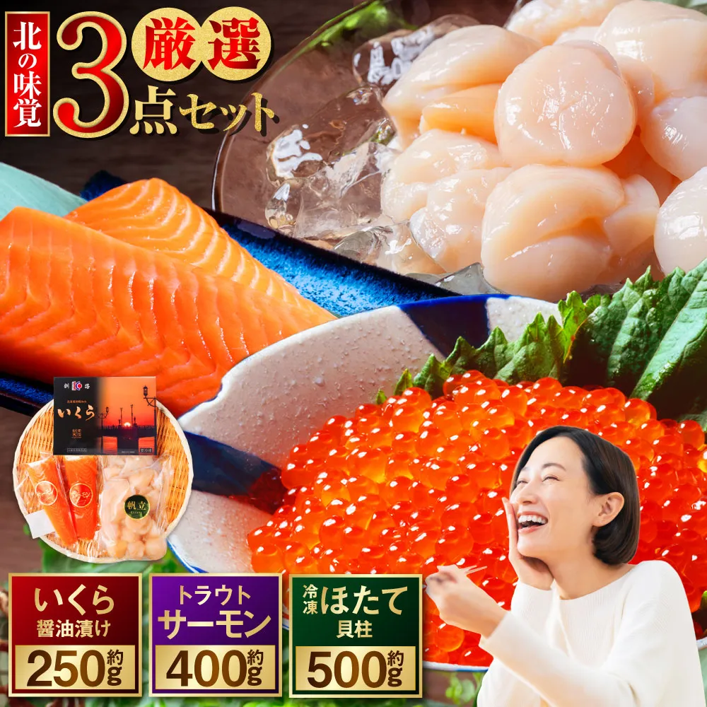 北の味覚海鮮3点セット いくら250g サーモン400g ほたて500g 海鮮丼 セット 鮭 シャケ サケ 魚卵 海鮮 海鮮セット 海鮮醤油漬 刺身 福袋 通常発送