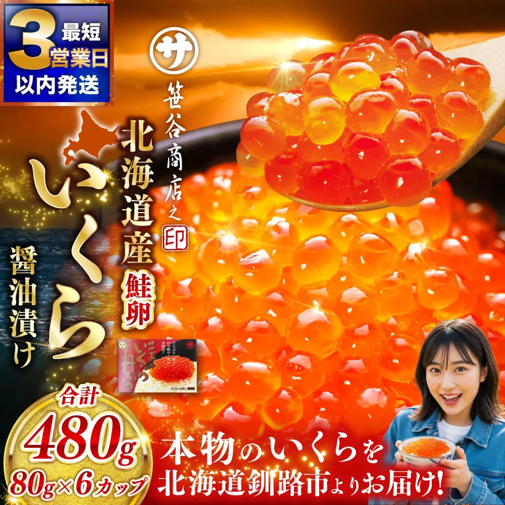 新物 北海道産 いくら 醤油漬け 80g×6カップ 計480g 北海道 笹谷商店 小分け ギフト 釧路 ふるさと納税 イクラ 魚卵 魚介類 海産物