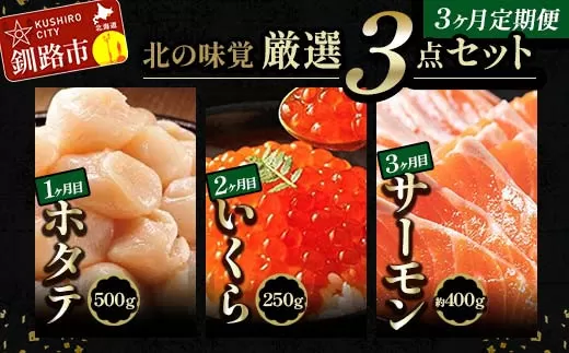 北の味覚海鮮3点定期便 いくら250g サーモン400g ほたて500g 海鮮丼 セット 鮭 シャケ サケ 魚卵 海鮮 海鮮セット 海鮮醤油漬 刺身 福袋 定期便 頒布会 3か月 3回  F4F-5216