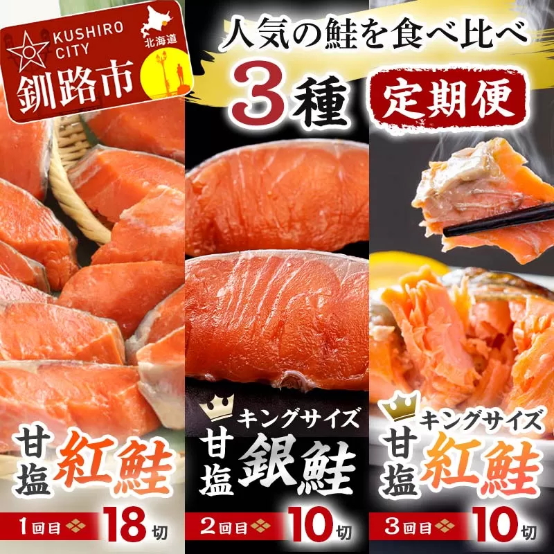 北海道釧路市 人気の鮭を食べ比べ 定期便 紅鮭×2種 銀鮭×1種 計38切れ 定期便 3か月連続 3種 しゃけ シャケ さけ サケ F4F-2177