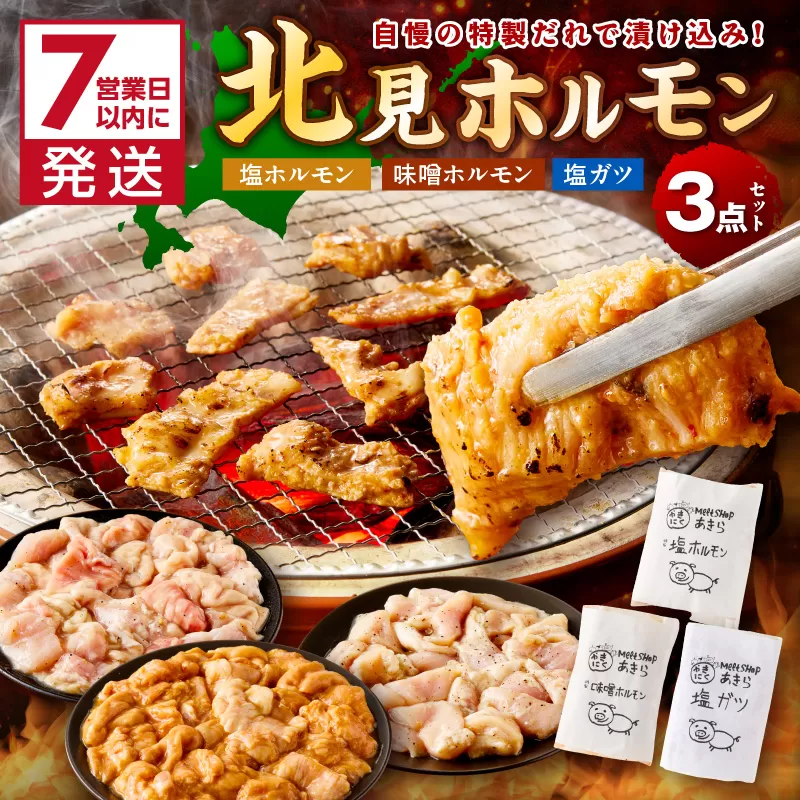 《7営業日以内に発送》北見 ホルモン 3点セット ( 焼肉 ホルモン 肉 にく 味付き肉 )【205-0001】