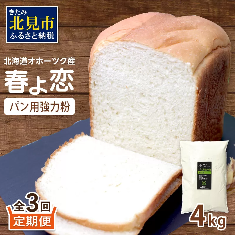 【3ヶ月定期便】【北海道オホーツク産】パン用強力粉 春よ恋 4kg ※賞味期限30日保証 ( パン用強力粉 北海道産 定期便 パン 製パン )【999-0134】