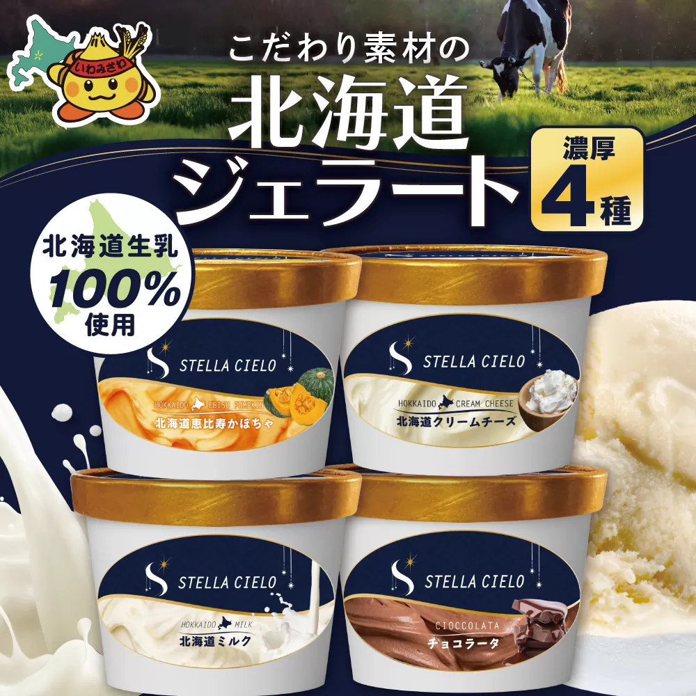 STELLA CIELO 北海道ジェラート4個 濃厚 | 北海道ミルク チョコラータ 北海道クリームチーズ 北海道恵比寿かぼちゃ