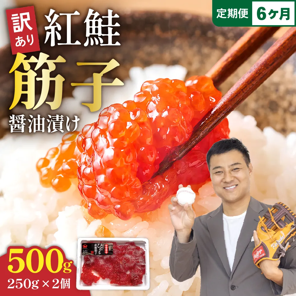 【6ヵ月定期便】訳あり 紅鮭筋子醤油漬 500g (250g×2個入）ひとくちカット 全6回　