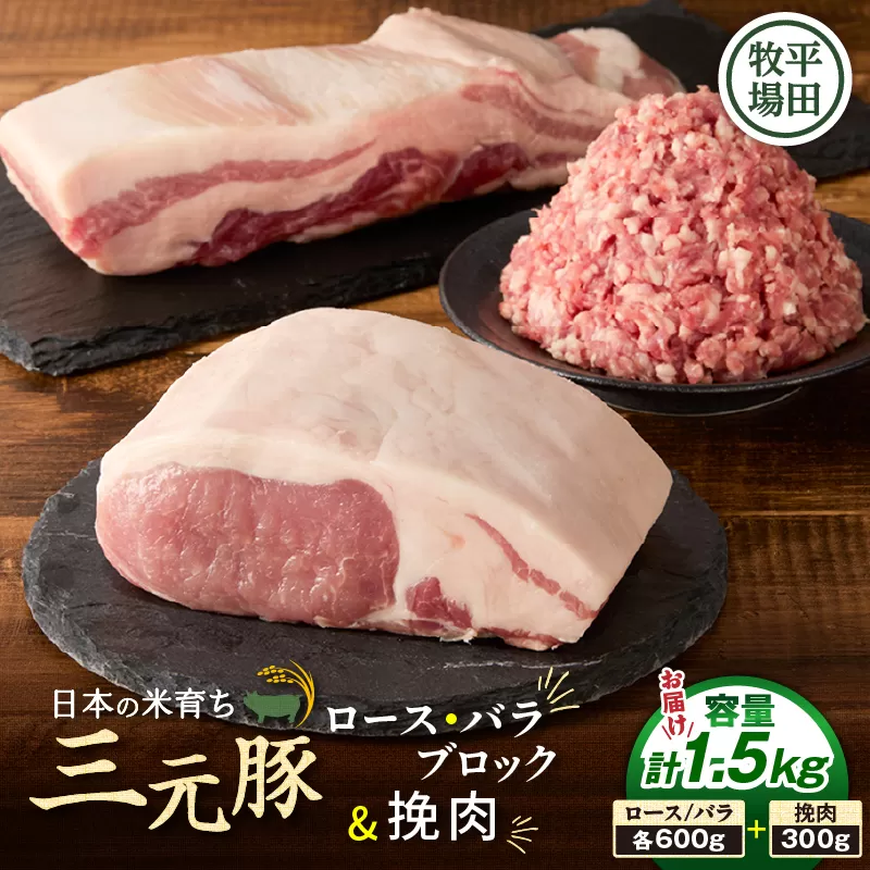 日本の米育ち平田牧場 三元豚ロースブロック（600g）・バラブロック（600g）・挽肉（300g）計1.5kg