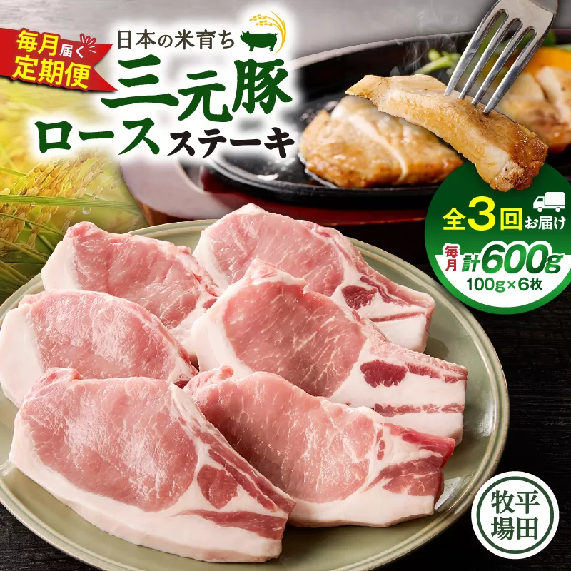 【全3回 毎月定期便】日本の米育ち平田牧場 三元豚ロースステーキ 6枚