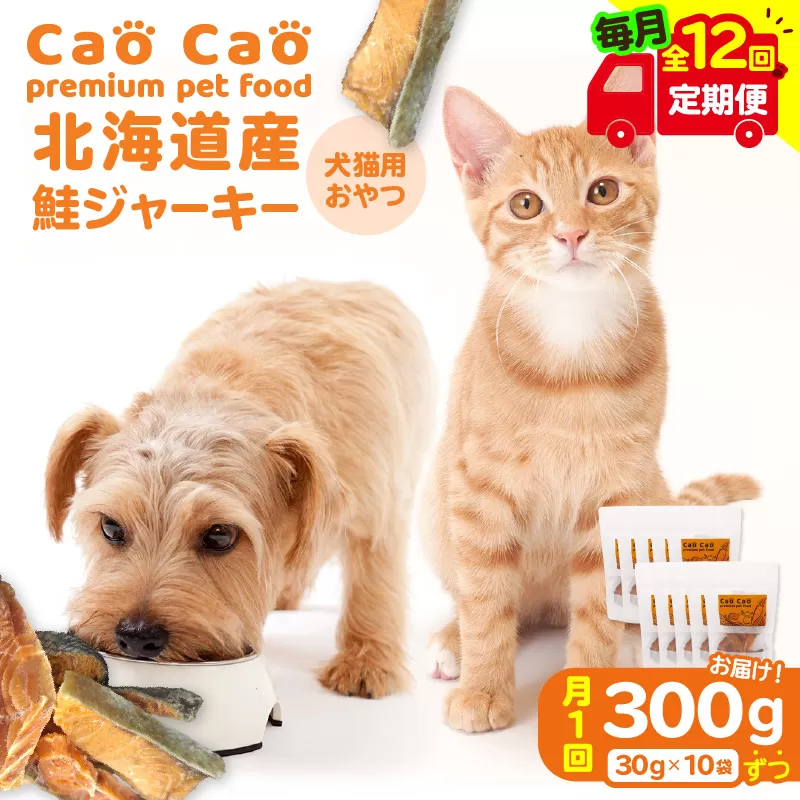 【全12回定期便】Cao Cao 北海道産 鮭ジャーキー 300g（30g×10袋） 犬猫用おやつ