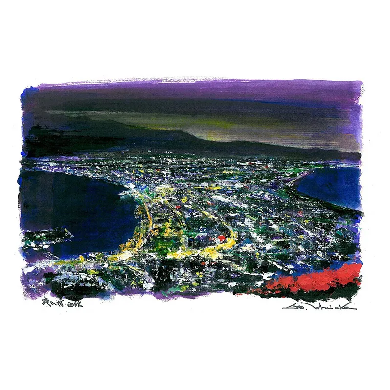 絵画 「夜の灯 函館」 洋画家 石岡剛 アクリル画 風景画 作品 額入り 縦240mm×横350mm インテリア 飾り 絵 額縁 飾り おしゃれ アート 芸術 芸術作品 オリジナル 北海道 芦別市