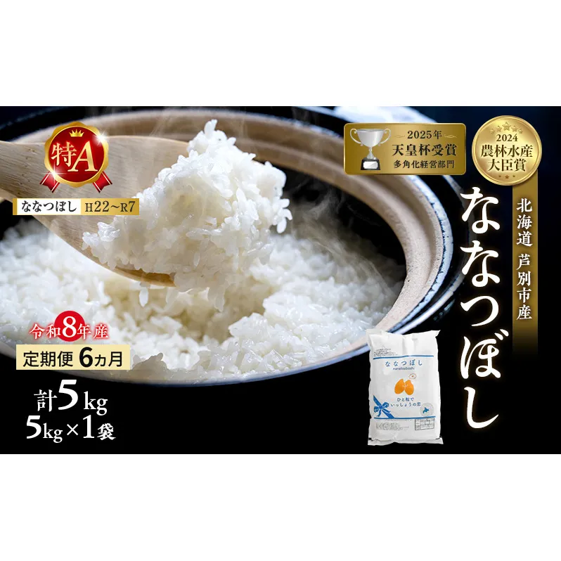 【定期便 6ヶ月】新米 5kg ななつぼし 令和8年産 2026 2026年産 8年 [ 先行予約 毎月お届け ] 北海道 芦別市産 芦別市 芦別RICE 農家直送 精米 白米 お米 5キロ 定期 6回 特Aランク 予約受付中 産直 ごはん おこめ