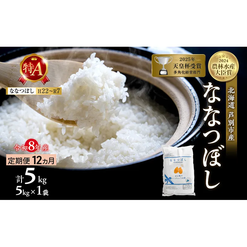 【定期便 12ヶ月】新米 5kg ななつぼし 令和8年産 2026 2026年産 8年 [ 先行予約 毎月お届け ] 北海道 芦別市産 芦別市 芦別RICE 農家直送 精米 白米 お米 5キロ 定期 12回 特Aランク 予約受付中 産直 ごはん