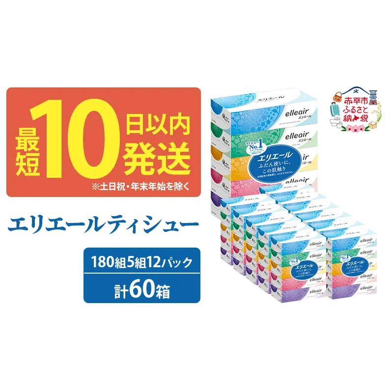 エリエール ティシュー 180組5箱 12パック 計60箱 最短 10日以内 箱ティッシュ ボックスティッシュ まとめ買い ペーパー 紙 防災 常備品 備蓄品 消耗品 備蓄 日用品 生活必需品 送料無料 北海道 赤平市 