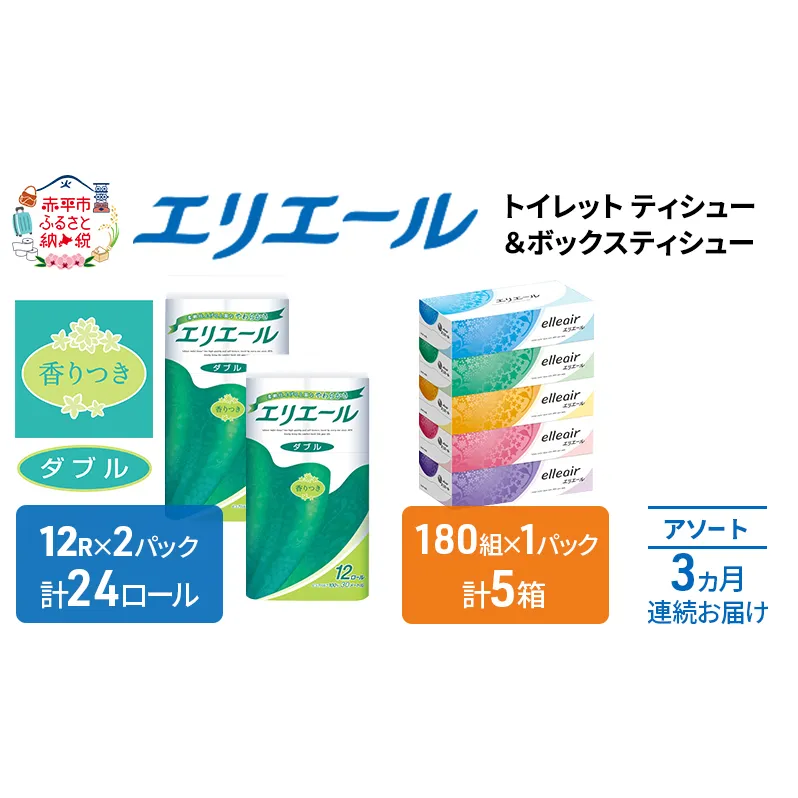 定期便 3ヵ月連続お届け エリエール 収納に便利 コンパクト 〈アソート〉 トイレットペーパー ティッシュ トイレ ボックスティッシュ まとめ買い ペーパー ひとり暮らし 紙 常備品 消耗品 日用品 生活必需品 定番