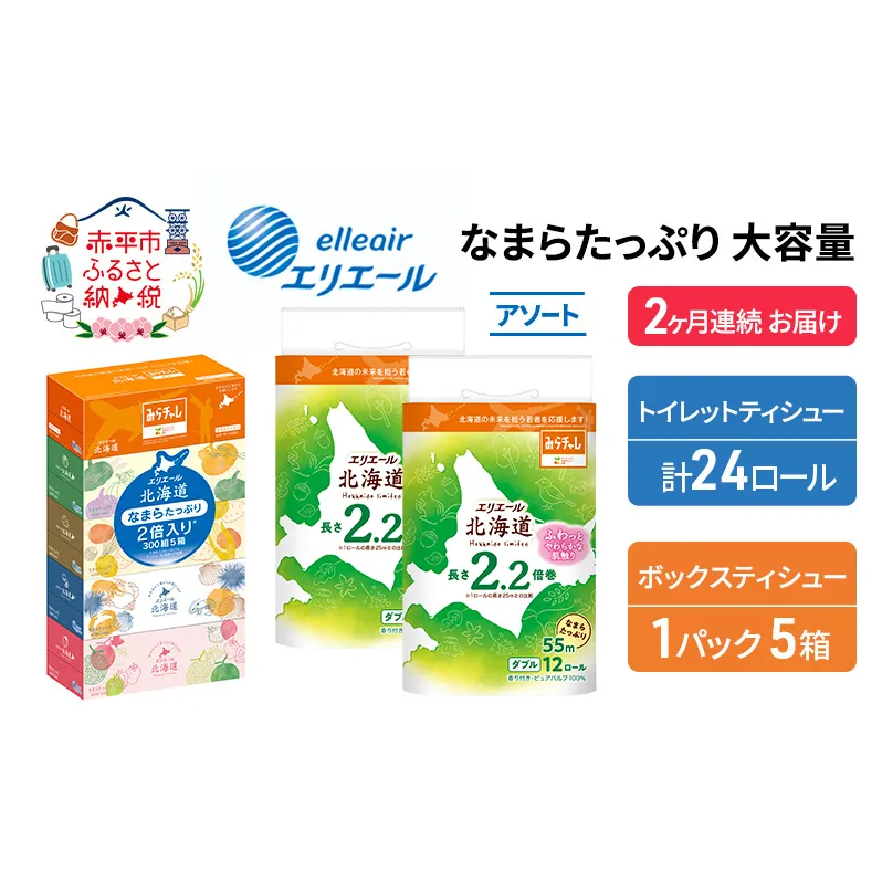 定期便 2ヵ月連続お届け エリエール 収納に便利 コンパクト 〈アソート〉 なまらたっぷり 大容量 トイレットペーパー ティッシュ トイレ ボックスティッシュ ひとり暮らし 紙 常備品 消耗品 日用品 生活必需品