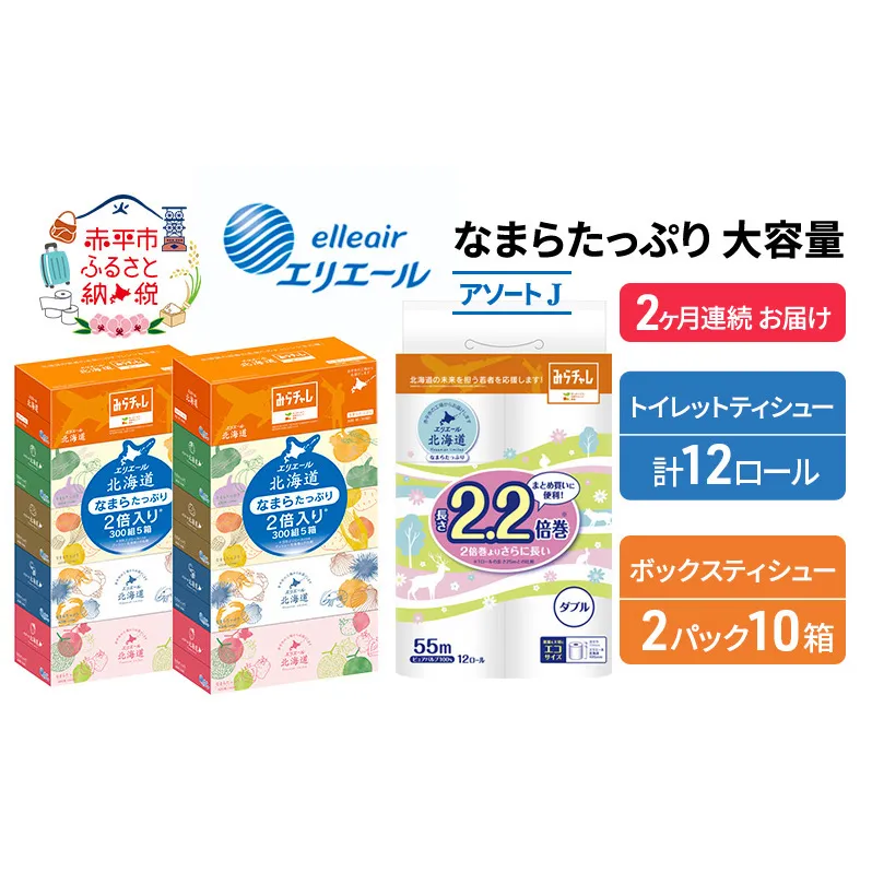 定期便 2ヵ月連続お届け エリエール [アソートJ] なまらたっぷり 大容量 トイレットペーパー ティッシュ トイレ ボックスティッシュ 防災 ひとり暮らし 紙 常備品 備蓄品 消耗品 日用品 生活必需品 送料無料 赤平市 やわらかな肌触り 