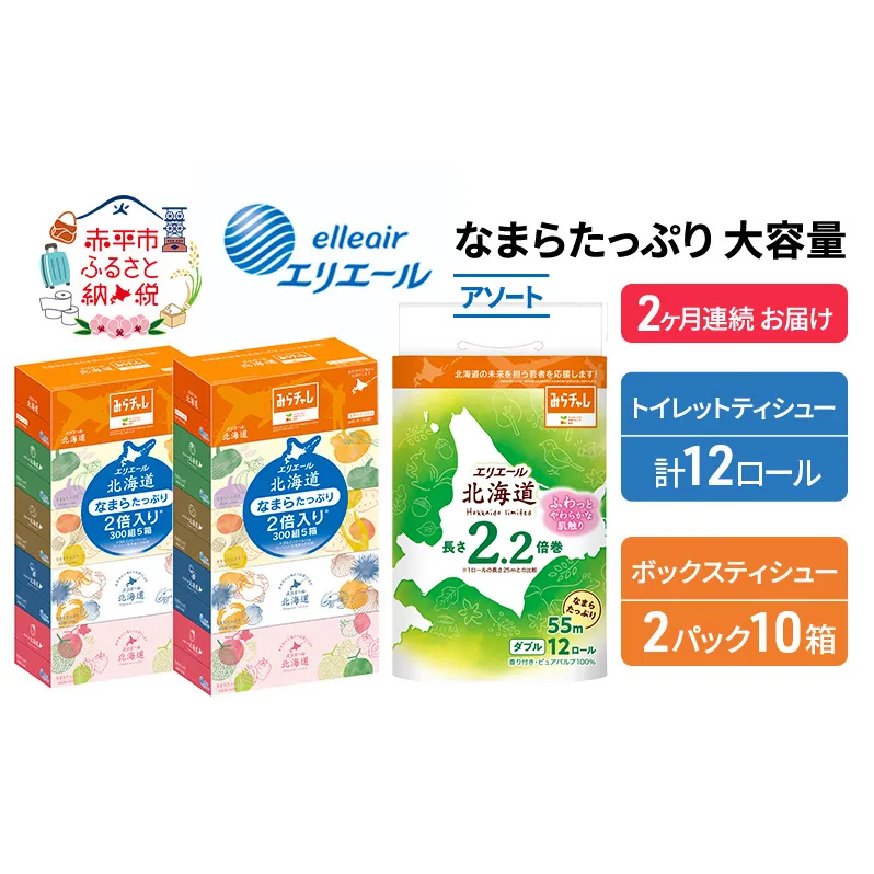 定期便 2ヵ月連続お届け エリエール 収納に便利 コンパクト 〈アソート〉 なまらたっぷり 大容量 トイレットペーパー ティッシュ トイレ ボックスティッシュ ひとり暮らし 紙 常備品 消耗品 日用品 生活必需品