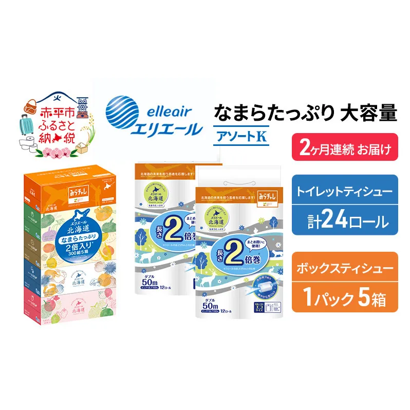 定期便 2ヵ月連続お届け エリエール [アソートK] なまらたっぷり 大容量 トイレットペーパー ティッシュ トイレ ボックスティッシュ 防災 ひとり暮らし 紙 常備品 備蓄品 消耗品 日用品 生活必需品 送料無料 赤平市 やわらかな肌触り 