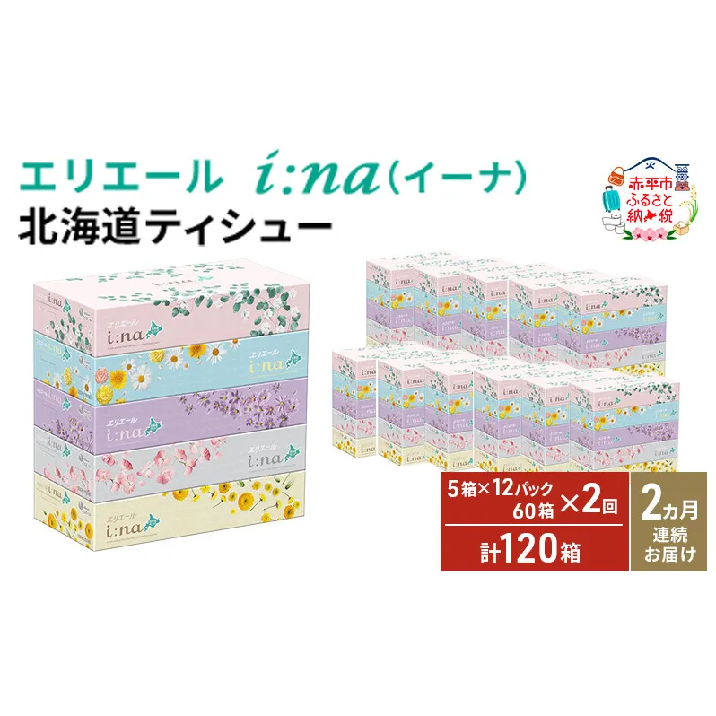 【2ヵ月連続お届け・計120箱】エリエール i:na (イーナ) 北海道 ティシュー 150組5箱 12パック ティッシュペーパー 箱ティッシュ まとめ買い 防災 常備品 備蓄品 消耗品 日用品 生活必需品 送料無料 赤平市