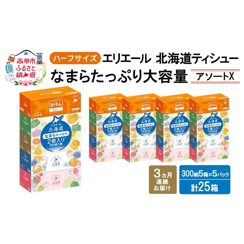 定期便 3ヵ月連続お届け エリエール ハーフサイズ 収納に便利 コンパクト 少量5パック [アソートX] 北海道ティシュー 300組 5箱×5パック 計25箱 なまらたっぷり 大容量  防災 常備品 備蓄品 消耗品 日用品