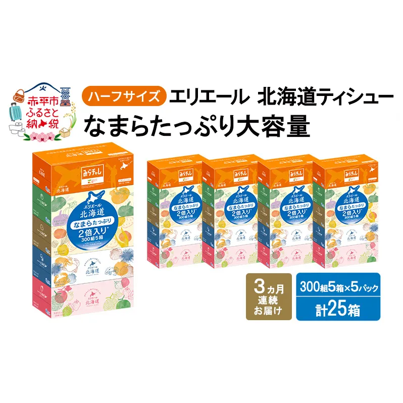 定期便 3ヵ月連続お届け エリエール ハーフサイズ 収納に便利 コンパクト 【少量5パック】 北海道ティシュー 300組 5箱×5パック 計25箱 なまらたっぷり 大容量 防災 常備品 備蓄品 消耗品 日用品