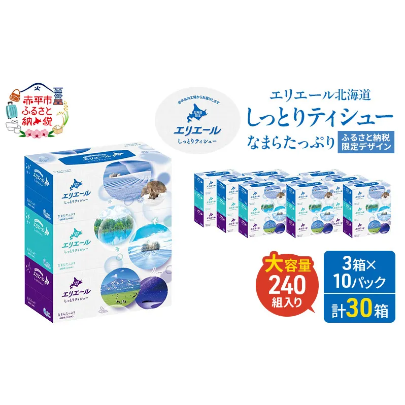 エリエール 北海道 しっとりティシュー なまらたっぷり 240組3箱 10パック ふるさと納税限定デザイン ボックスティシュー 箱ティッシュ ペーパー 備蓄品 花粉 保湿成分 グリセリン配合 しっとり やわらか 赤平市