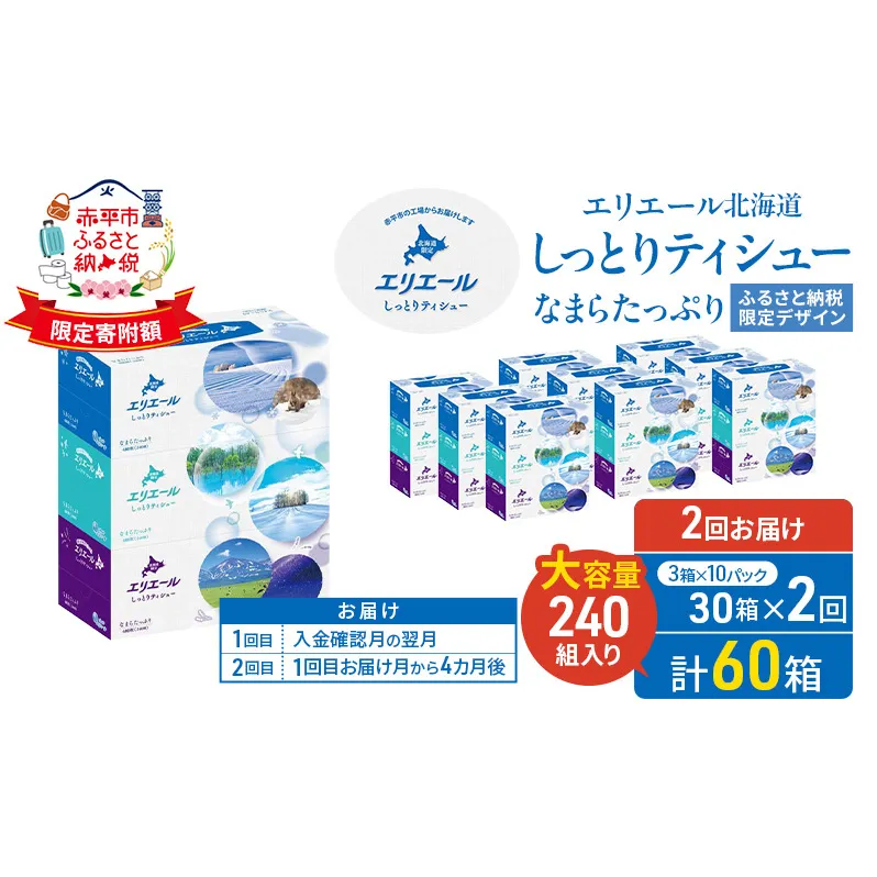 【2回お届け 計60箱】エリエール 北海道 しっとりティシュー なまらたっぷり 240組3箱 10パック ふるさと納税限定デザイン ボックスティシュー 箱ティッシュ ペーパー 備蓄品 花粉 保湿成分 グリセリン配合