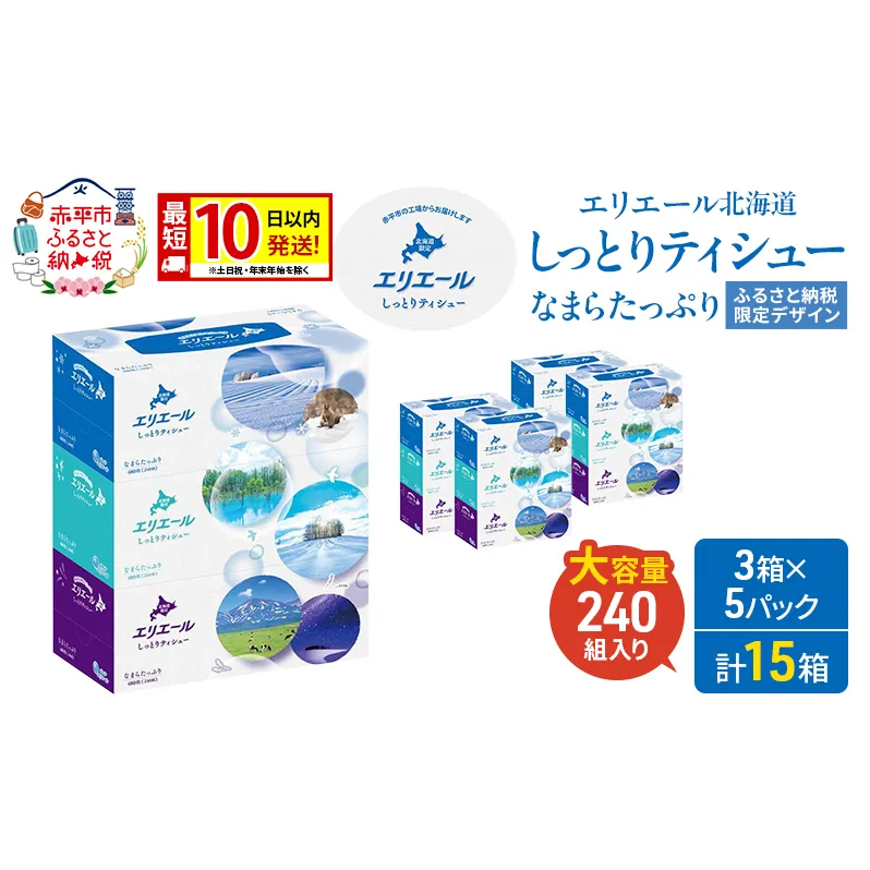 エリエール ハーフサイズ 収納に便利 コンパクト 【少量5パック】 北海道 しっとりティシュー なまらたっぷり 240組3箱 5パック 計15箱 最短 10日以内配送 最短配送 ふるさと納税限定デザイン 箱ティッシュ 備蓄品