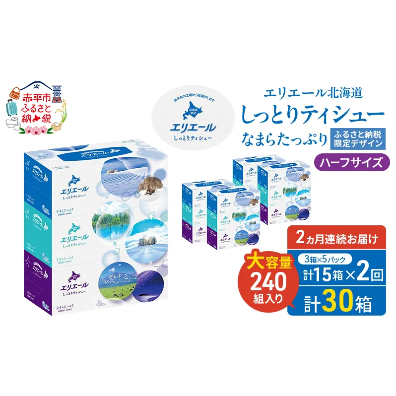 定期便 2ヵ月連続お届け エリエール ハーフサイズ 収納に便利 コンパクト 【少量5パック】 北海道 しっとりティシュー なまらたっぷり 240組3箱 5パック 計15箱 ボックスティシュー ふるさと納税限定デザイン