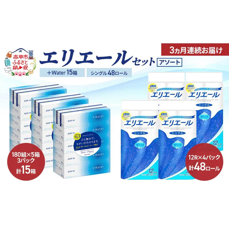 【定期便 3ヵ月連続お届け】エリエール セット ＋Water 15箱 シングル 55m 48ロール 〈アソート〉トイレットペーパー ティッシュ トイレ ボックスティッシュ まとめ買い ペーパー 紙 防災 常備品 備蓄品 消耗品 備蓄 日用品