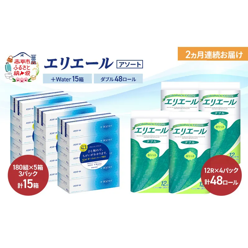 【定期便 2ヵ月連続お届け】エリエール 〈アソート〉 ＋Water 15箱 ダブル30m 48ロール トイレットペーパー ティッシュ トイレ ボックスティッシュ まとめ買い ペーパー 紙 防災 常備品 備蓄品 消耗品 備蓄 日用品