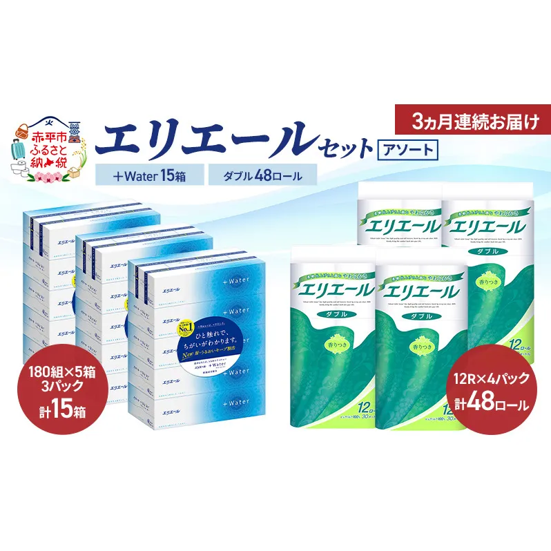 【定期便 3ヵ月連続お届け】エリエール セット ＋Water 15箱 ダブル30m 48ロール 〈アソート〉トイレットペーパー ティッシュ トイレ ボックスティッシュ まとめ買い ペーパー 紙 防災 常備品 備蓄品 消耗品 備蓄 日用品