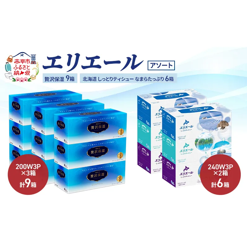 エリエール 〈アソート〉贅沢保湿 200W3P 計9箱 北海道 しっとりティシュー なまらたっぷり 240組3箱 計6箱 ティッシュ ペーパー 箱 日用品 生活必需品 保湿成分配合 ティッシュ まとめ買い 紙 防災 常備品 備蓄品
