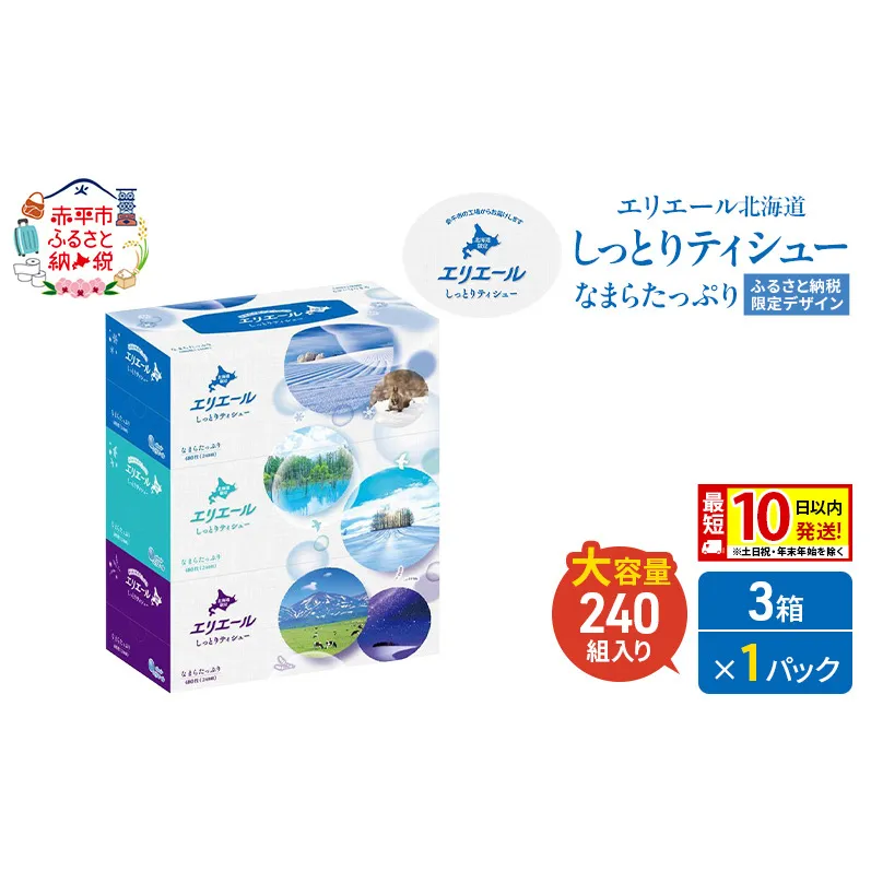 エリエール 北海道 しっとりティシュー なまらたっぷり 240組 3箱×1パック 最短 10日以内配送 最短配送 ふるさと納税限定デザイン ボックスティシュー 箱ティッシュ ペーパー 備蓄品 花粉 保湿 しっとり やわらか 赤平市