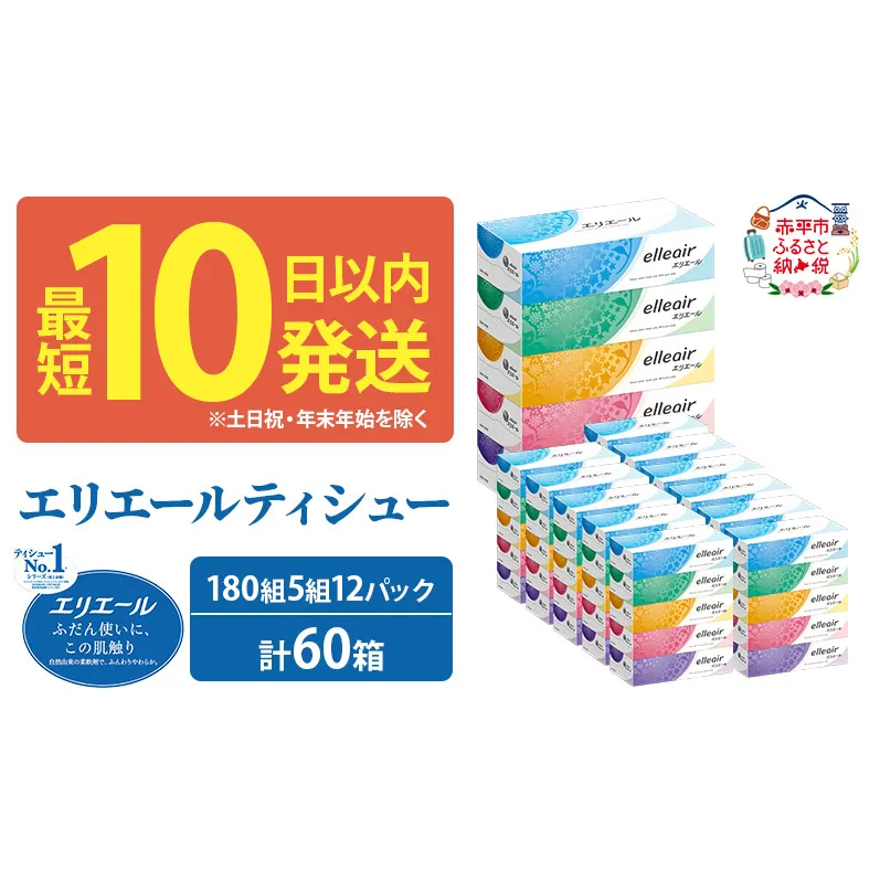 エリエール ティシュー 180組5箱 12パック 計60箱 最短 10日以内 最短配送 箱ティッシュ ボックスティッシュ まとめ買い ペーパー 紙 防災 常備品 備蓄品 消耗品 備蓄 日用品 生活必需品 送料無料 北海道 赤平市