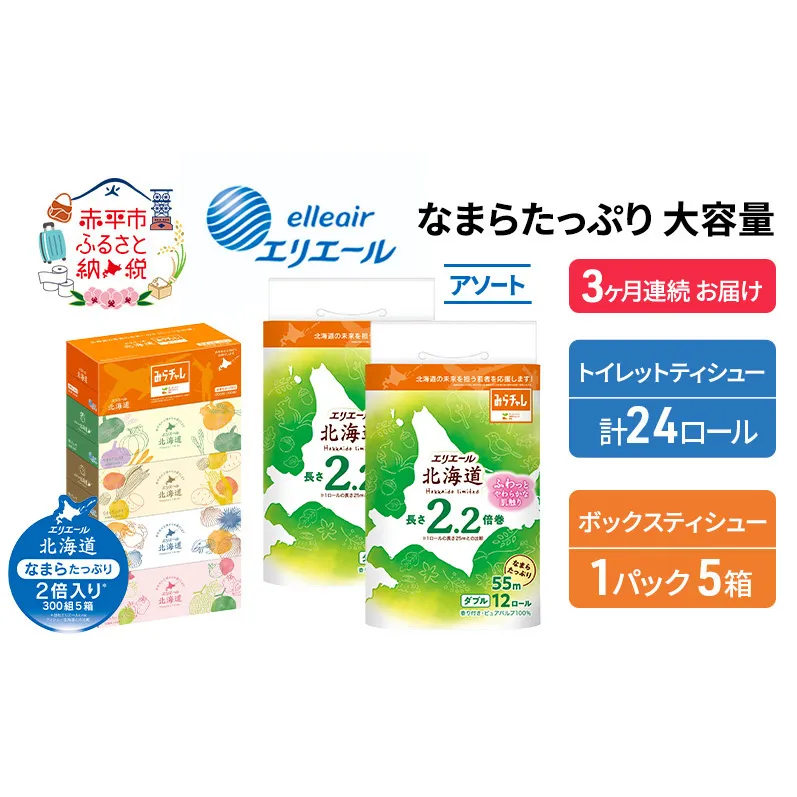 定期便 3ヵ月連続お届け エリエール 収納に便利 コンパクト 〈アソート〉 なまらたっぷり 大容量 トイレットペーパー ティッシュ トイレ ボックスティッシュ ひとり暮らし 紙 常備品 消耗品 日用品 生活必需品