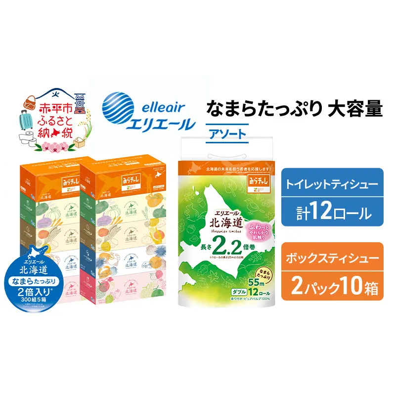 エリエール 収納に便利 コンパクト 〈アソート〉 なまらたっぷり 大容量 トイレットペーパー ティッシュ トイレ ボックスティッシュ 防災 ひとり暮らし 紙 常備品 備蓄品 消耗品 日用品 生活必需品 送料無料