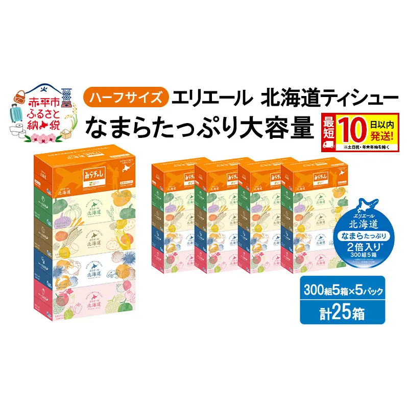 エリエール ハーフサイズ 収納に便利 コンパクト 【少量5パック】 北海道ティシュー 300組 5箱×5パック 計25箱 最短 10日以内配送 最短配送 なまらたっぷり 大容量 防災 常備品 備蓄品 消耗品 日用品 生活必需品 赤平市