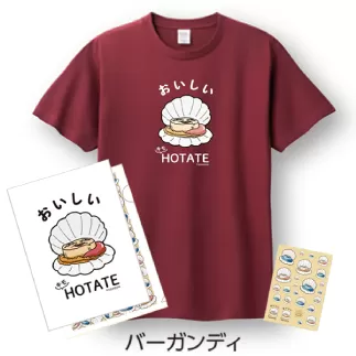 12-245 キモホタテグッズ(Tシャツ LLサイズ バーガンディ・ペーパーホルダー・シール）