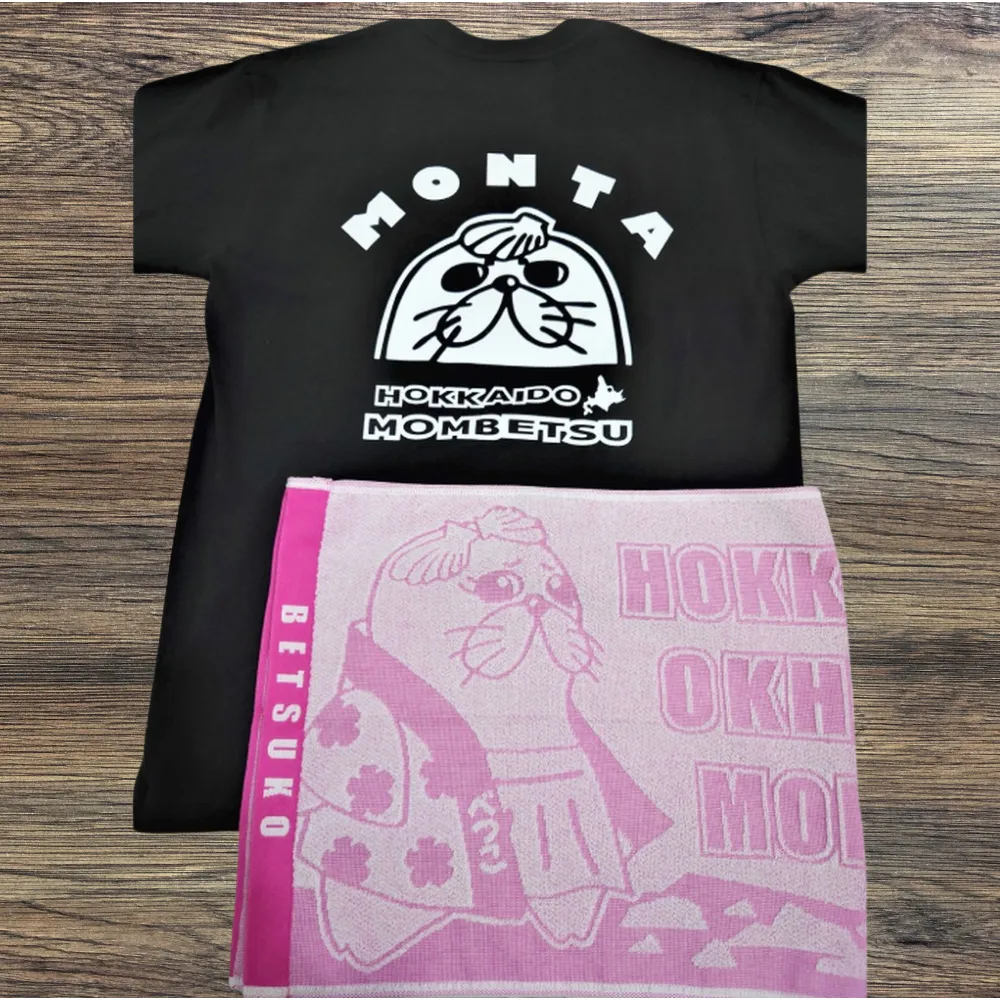 17-58 ゆるキャラ紋太・べつこグッズ(Tシャツ[ブラックS]、タオル[ピンク])