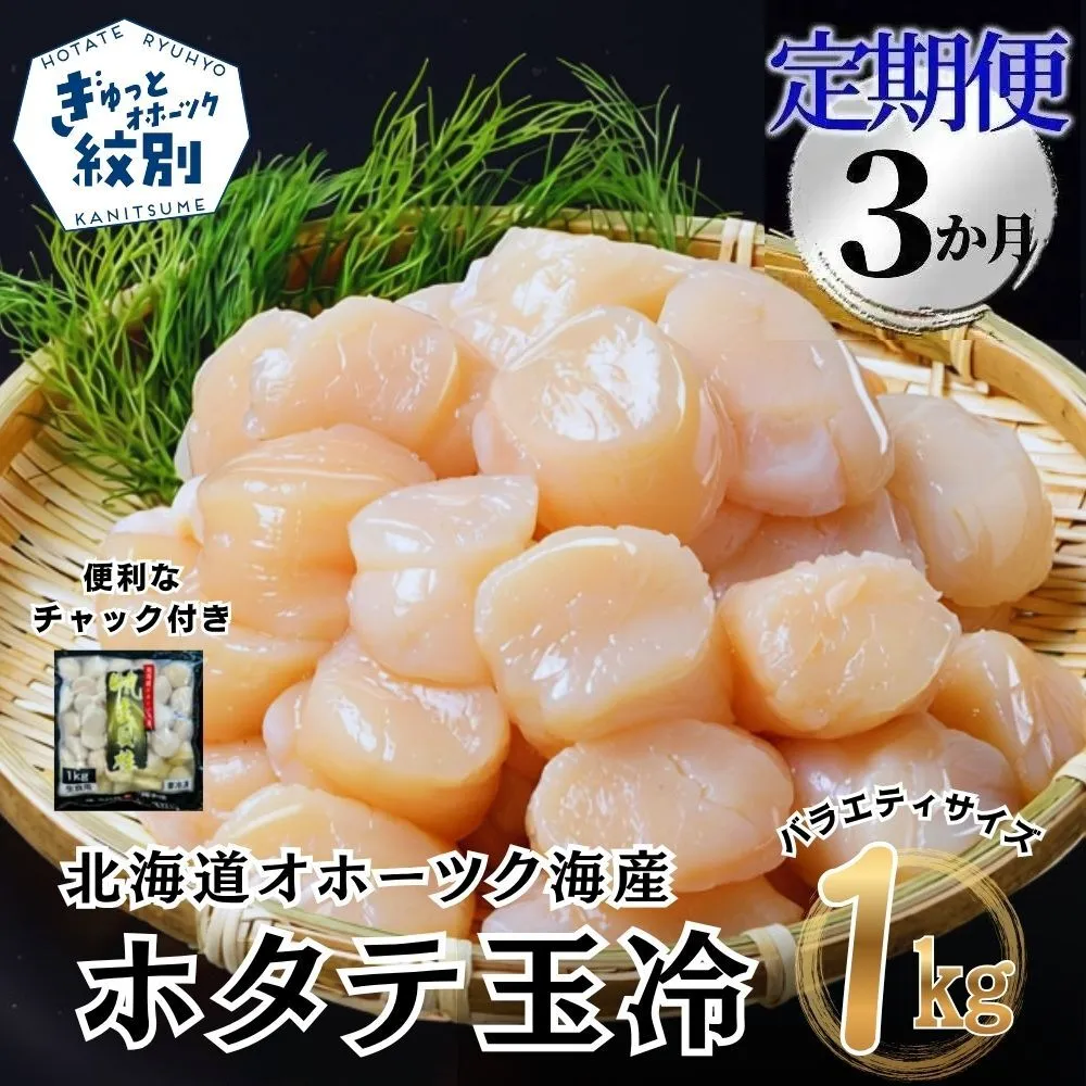 54-20  【定期便３か月】北海道オホーツク海産ホタテ玉冷バラエティサイズ(1kg)×３回｜ 訳あり サイズ不揃い