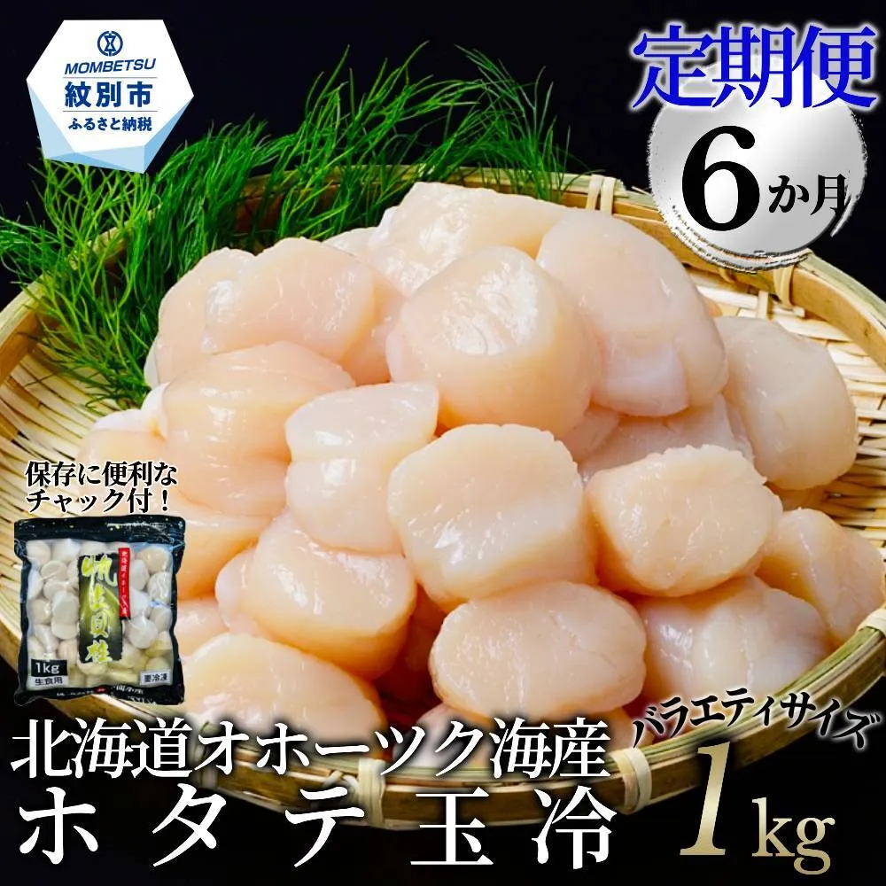120-36 【定期便６か月】北海道オホーツク海産ホタテ玉冷バラエティサイズ(1kg)×６回｜ 訳あり サイズ不揃い
